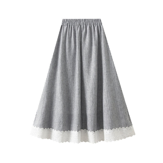 Plaid Skirt Women Spring Summer Loose Casual Elastic Waist Mid Length Lace Edge Patchwork A line Skirt