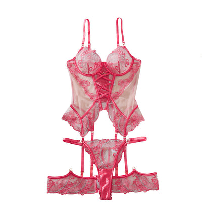 Ensemble de lingerie sexy, coupe ajustée, dos nu, ajouré, en dentelle transparente avec fente