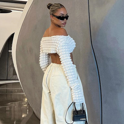Hollow Out Cutout Bubble Cropped Long Sleeve off-Shoulder Top Sexy T shirt - Wanita Store