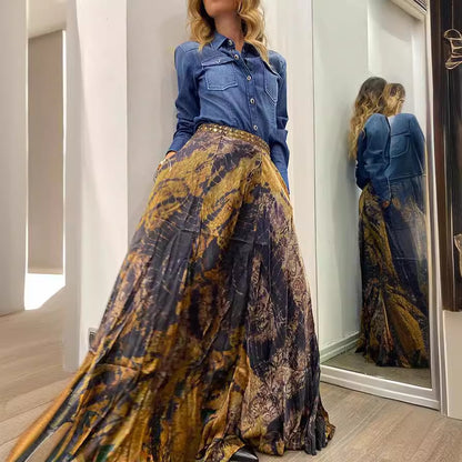 Women Autumn Retro Printed Elastic Waist Long Skirt - Wanita Store
