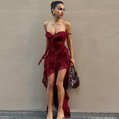 Women Clothing Summer Lace Sexy Slim Fit Tied Hollow Out Cutout out See through Irregular Asymmetric Tube Top Dress - Wanita Store