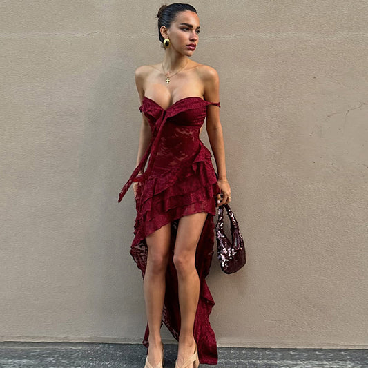 Women Clothing Summer Lace Sexy Slim Fit Tied Hollow Out Cutout out See through Irregular Asymmetric Tube Top Dress