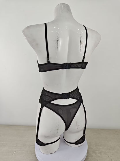 Sexy Translucent Solid Color Mesh Three Bikini Sexy Lingerie Set