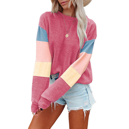Pullover Sweatshirt Women Spring Autumn Round Neck Long Sleeve Contrast Color Long Sleeve T Shirt Women - Wanita Store