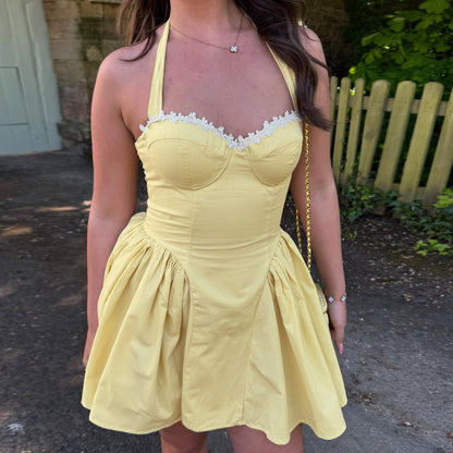 Women Clothing Summer Sexy Square Collar Elegant Backless Solid Color Halter Waist Dress - Wanita Store