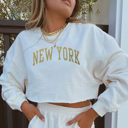 Women Clothing Autumn Winter York Letter Graphic Printing Short Loose Long Sleeves Sweatshirt - Wanita Store