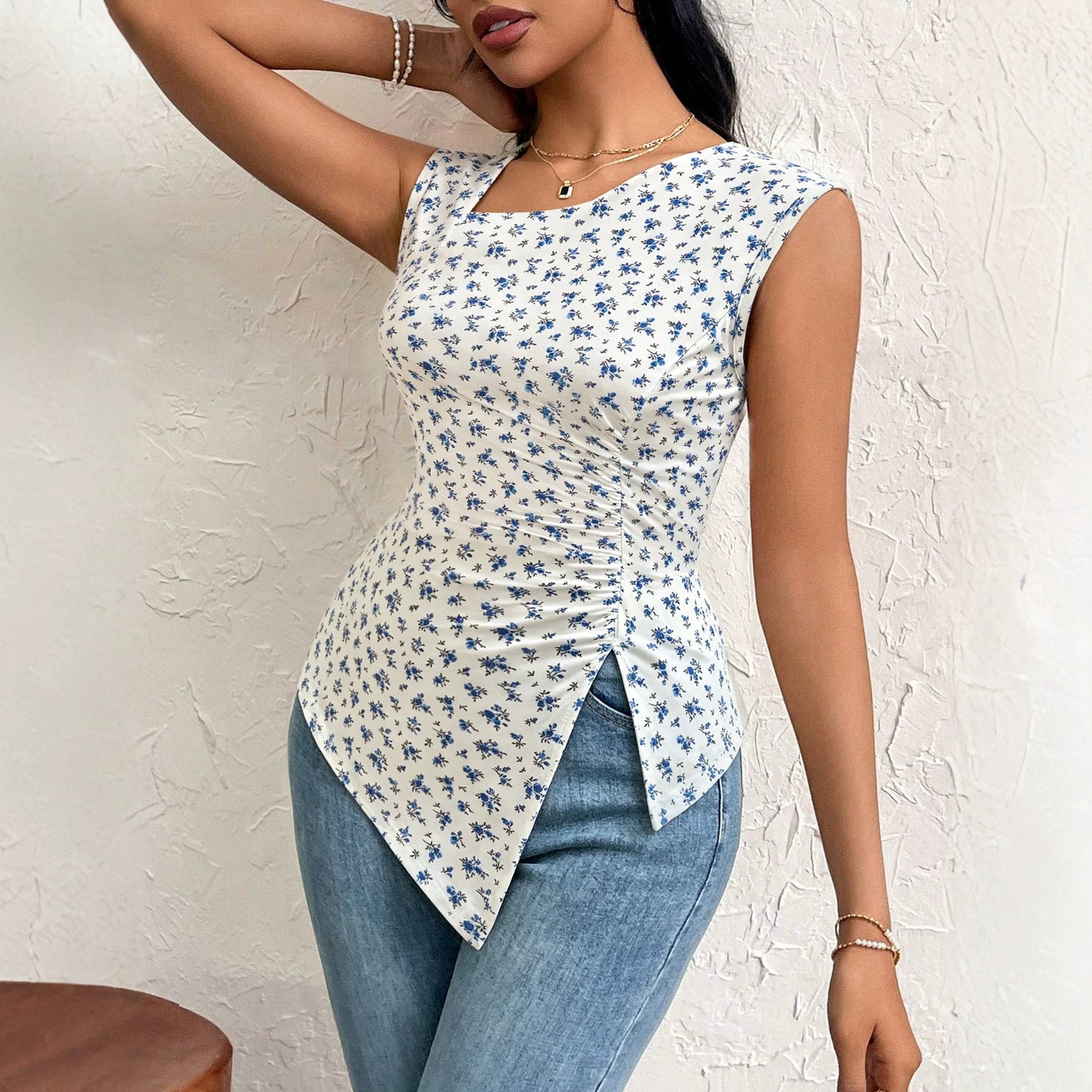 Chaleco floral francés sin mangas para mujer con cuello cuadrado oblicuo asimétrico, lateral fruncido, corte ajustado y efecto adelgazante