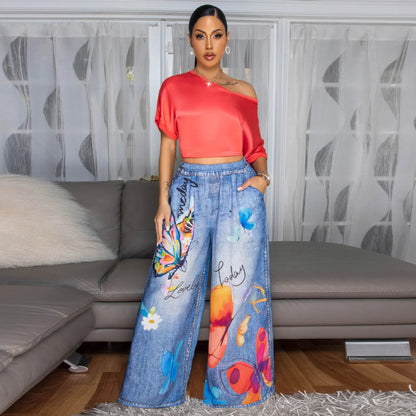 Women Clothing Russia Europe Printed Wide Leg Pants Casual Women Pants - Wanita Store