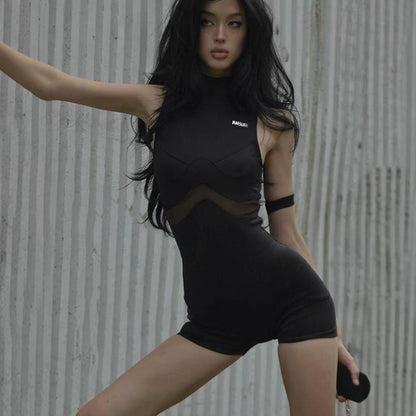 Street Mesh Stitching Hollow Out Cutout Sleeveless Romper Sexy Solid Color Tight Sports Waist Shaping Trousers - Wanita Store