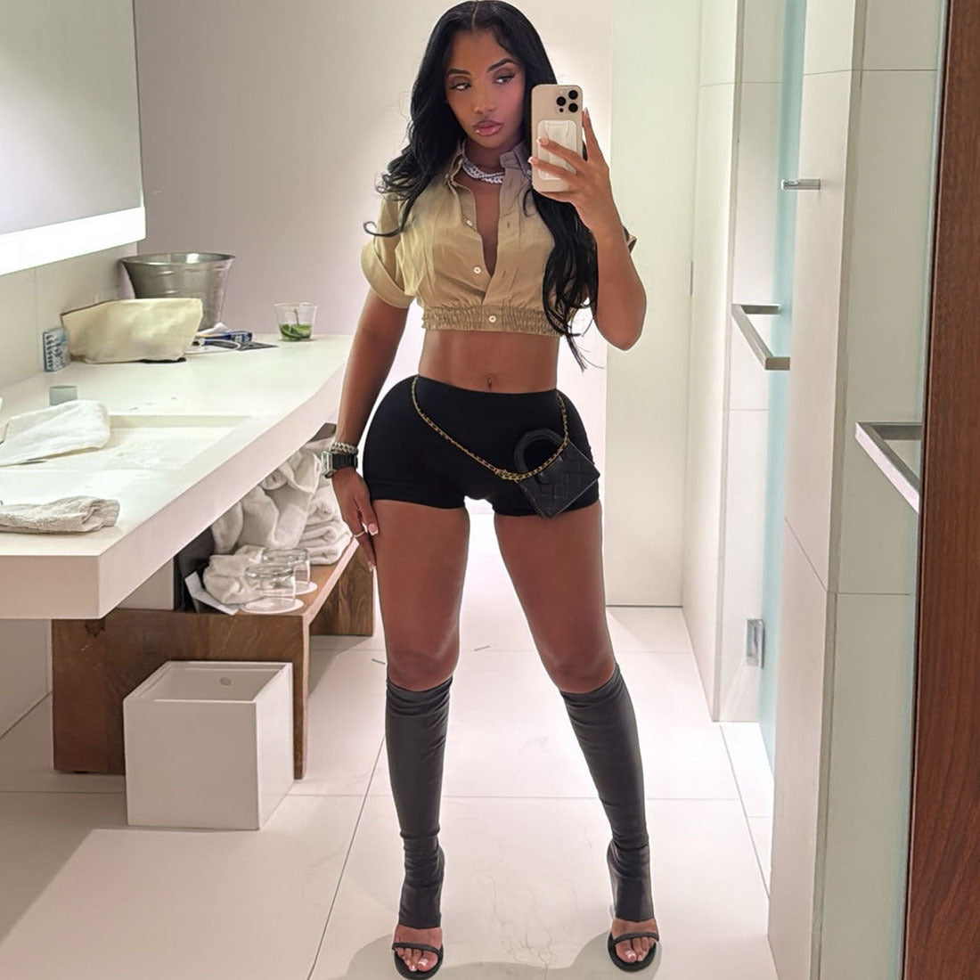 Summer Women Curling Short Sleeve Waist Controlled Cropped Shirt Solid Color Slim Shorts Set