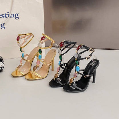 Summer 11cm Stiletto Heels Pearl Open Toe Ankle Strap Buckle Sandals Women Sexy - Wanita Store