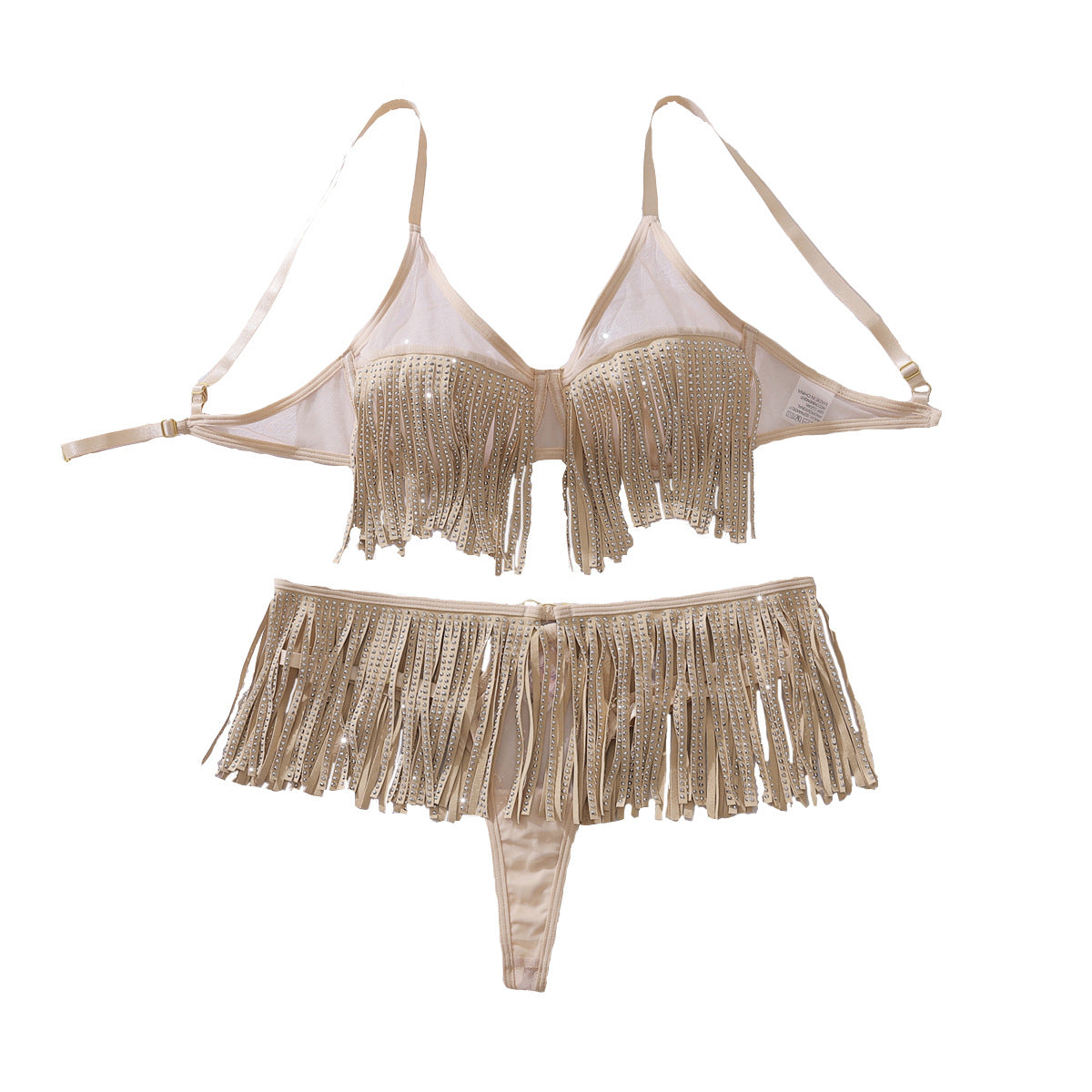 Sexy Sequin Tassel Hollow Out Cutout out Stitching Sheer Mesh Backless Bra Split Set