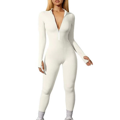 Women Sports Jumpsuit Workout Ribbed Long Sleeve Zipper Casual Jumpsuit Trousers Tight - Wanita Store