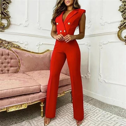 Spring Summer Women Clothing Color Matching Button V-neck Sleeveless Houndstooth Jumpsuit Business Wear for Women - Wanita Store