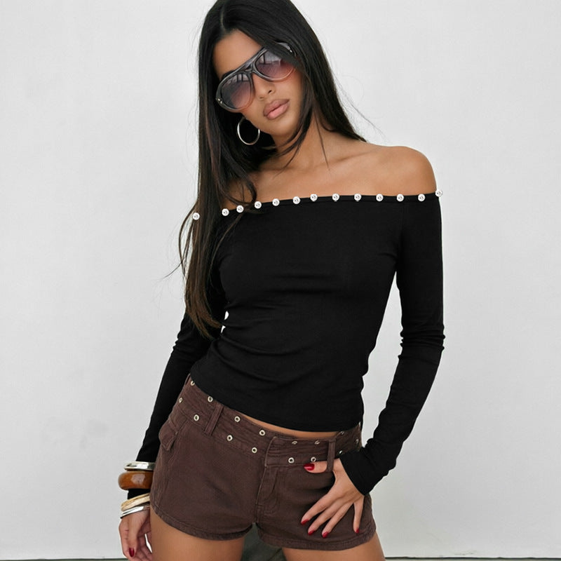 Women Clothing Sexy Button off Shoulder off Shoulder Long Sleeve Knitted Top