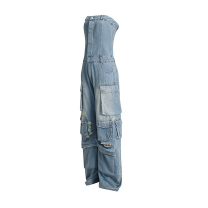 Summer Multi Pocket Ripped Waist Slimming Sexy Tube Top Tooling Denim Jumpsuit Women - Wanita Store