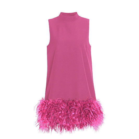 Australian Brand Design Short Autumn Stand Collar Sleeveless Solid Color Stitching Hem Feather Dress