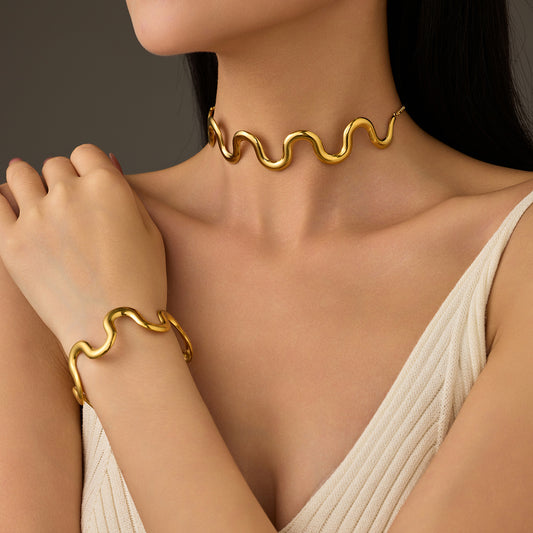 Titanium Steel Wavy Necklace Bracelet All Match High Sense Stainless Steel Jewelry Set Accessories - Wanita Store