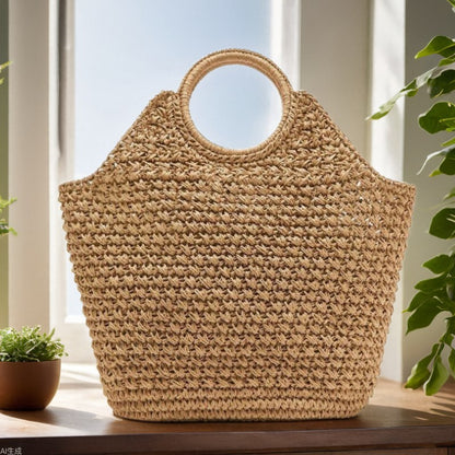 Handmade Straw Bag Ring Hand Carrying Large Capacity Straw Bag Woven Bag Vacation Beach Bag Women Bag - Wanita Store