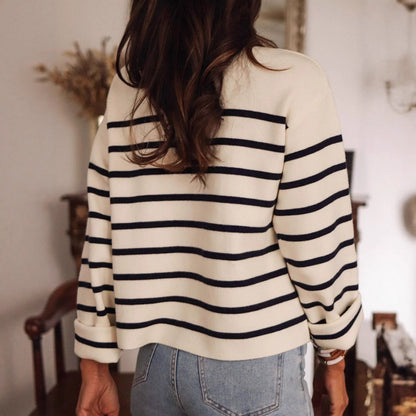 Sweater Autumn Winter Black White Striped Button Knitted Cardigan Casual Long Sleeved Sweater for Women - Wanita Store