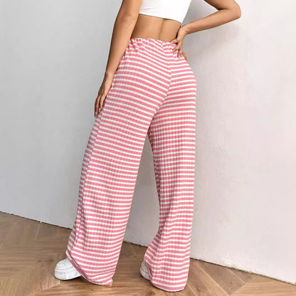 Autumn Winter Women Casual Striped Solid Color Rubber Band Drawstring Straight Leg Pants - Wanita Store