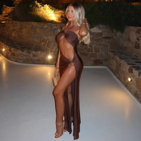 Women Clothing Summer Sexy Lace up Cutout Metal Decoration Split Dress