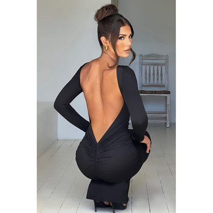 Slim Fit Long Sleeve Backless Sexy Hip Bag Dress - Wanita Store