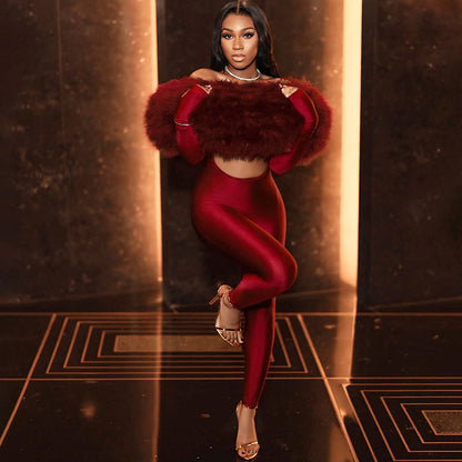 Autumn Winter Women off Shoulder Furry Stitching Sexy Cropped Long Sleeve Jumpsuit Women - Wanita Store