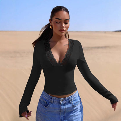 V neck Stitching Lace Sexy Long Sleeve Slim Fit Top - Wanita Store