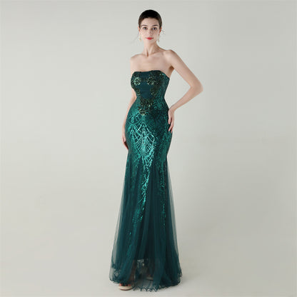 Tube Top Cross Strap Beaded Tube Floral Sequin Mesh Evening Dress Cocktail Wedding Social Elegant Clothing - Wanita Store