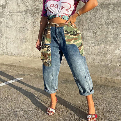 Women Clothing Trendy Denim Camouflage Contrast Color Personality Stickers Bags Straight Pants for Women - Wanita Store