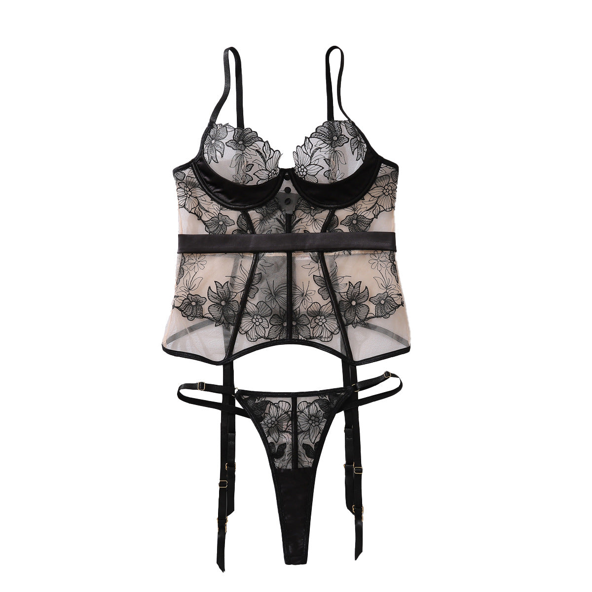 Embroidery See through Stitching Body Shaping Steel Ring Push up Sexy Split Set