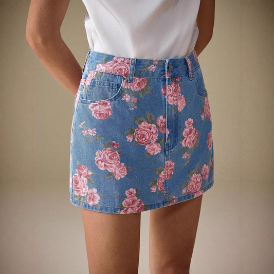 All Match Casual Floral Rose Printing Denim Skirt