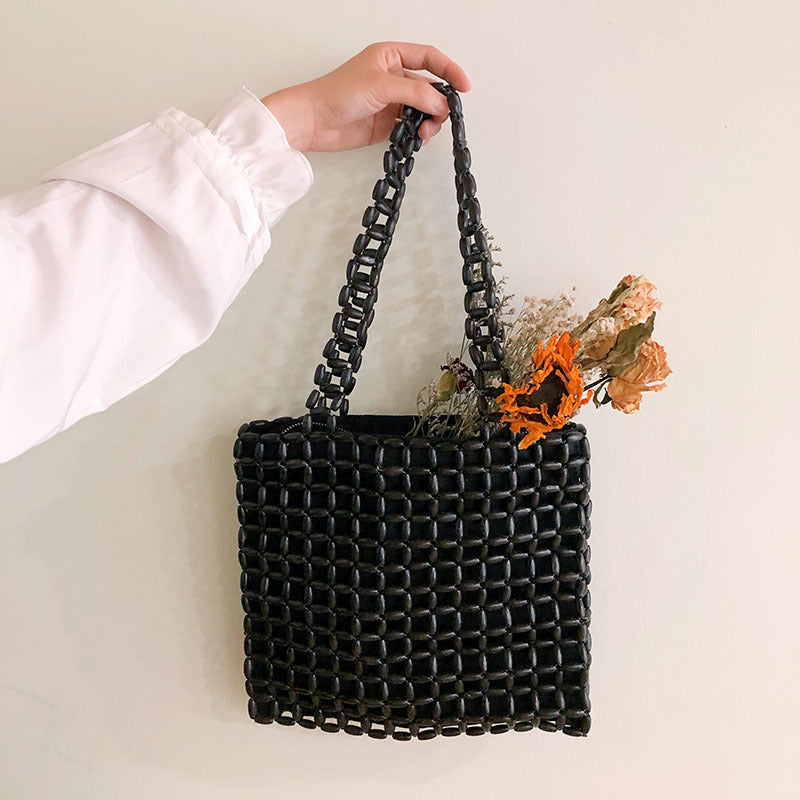 Retro Autumn Large Capacity Wooden Bead Handmade Beaded Weave Hollow Out Cutout Bag All Match Portable Shoulder