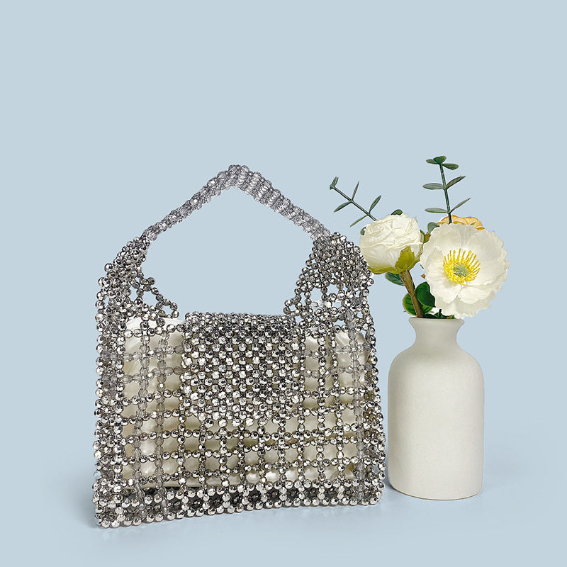 Retro Hollow Out Cutout Metal Silver Hand Woven Beads Small Square Bag Change Mobile Phone Bag Small Handbag