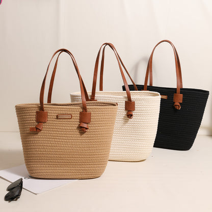 One Shoulder Cotton Thread Woven Bag Large Capacity Tote Straw Bag Vacation Beach Women Bag - Wanita Store