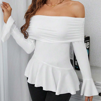 Women Clothing Adult Lady like Woman Intellectual T shirt Autumn Winter Boat Collar Slim Fit Figure Flattering Top - Wanita Store