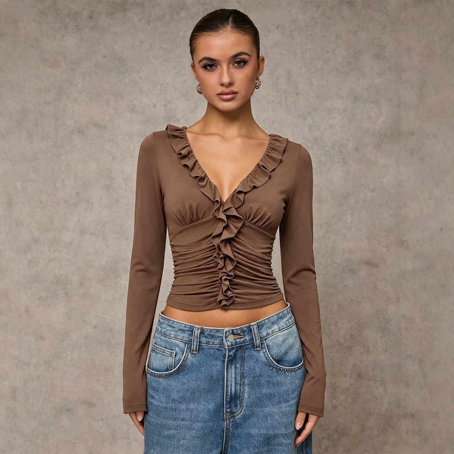 Autumn Winter V neck Ruffled T Shirt Women Pleated Nipped Waist Slimming Short Long Sleeve Bottoming Top