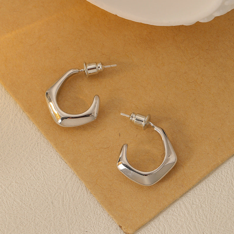 All Match Office Small C Shaped Stud Earrings Simple Exquisite 925 Silver Needle Real Gold Plating Geometric Abstract Frosty Earrings - Wanita Store