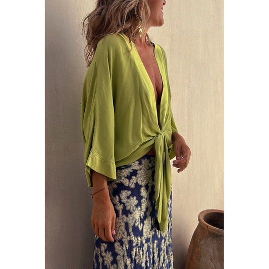 Spring Summer Casual Lace up Three Quarter Sleeve Top Loose Vacation Multi Color Top for Women