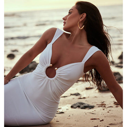 Women Clothing Spring Summer Sexy V-neck Backless Split Slim Dress - Wanita Store