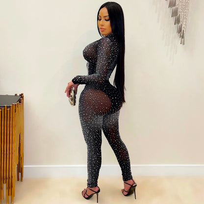 Women Clothing Sexy Tight Mesh See-through Long Sleeve Rhinestone Two-Piece Set Blouse Pants Women - Wanita Store