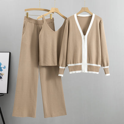 Spring Autumn Women Clothing Suit Tide Knitted Cardigan Sling Wide Leg Pants Three Piece Suit Suit - Wanita Store