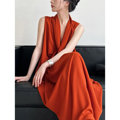 Elegant V neck Sleeveless Twisted Waist Dress Women Slimming Irregular Asymmetric High Grade Hong Kong Long Dress - Wanita Store