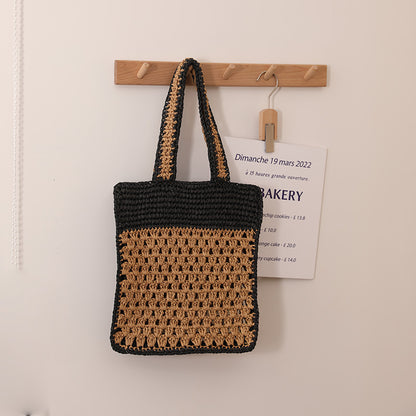 Color Matching Hollow Out Cutout out Crochet Shoulder Straw Bag Special Interest Design Hand Woven Bag Seaside Vacation Beach Bag - Wanita Store