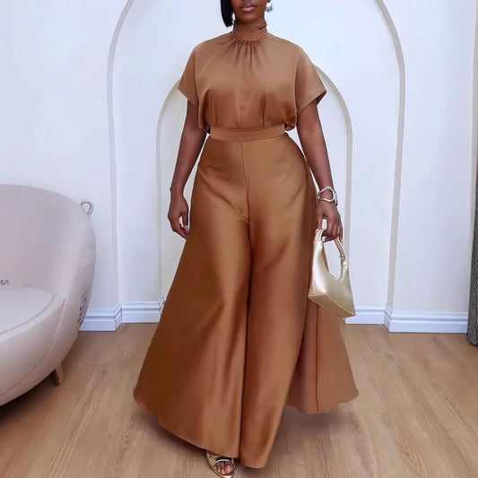 Satin Silky Strap Flounced Sleeve Wide Leg Two Piece Sets