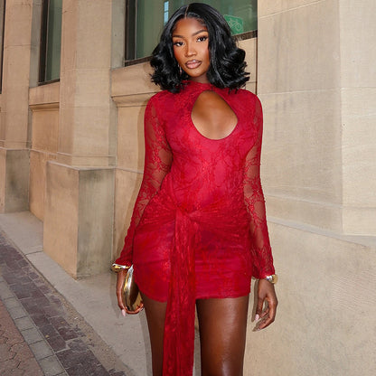 Women Clothing Autumn Solid Color Hollow Out Cutout out Strap Sexy Lace Long Sleeve Ribbon Short Dress - Wanita Store
