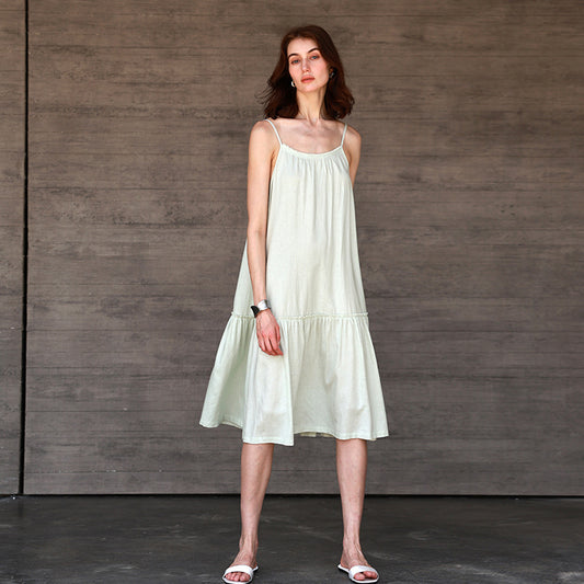French Vacation Linen Suspender for Women Summer Backless Dress Tassel round Neck Loose Fitting Mid Length Dress