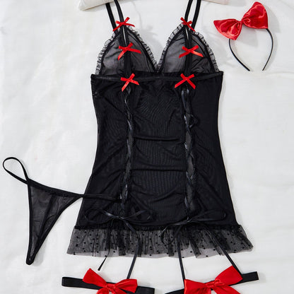 Sexy Lingerie for Women Sexy Lace up Hollow Out Cutout Temptation Sweet Bow Suspender Bed Uniform Headband