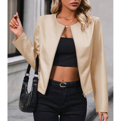 Casual Long Sleeve Solid Color Jacket Coat Top Faux Leather Motorcycle Leather Coat for Women - Wanita Store
